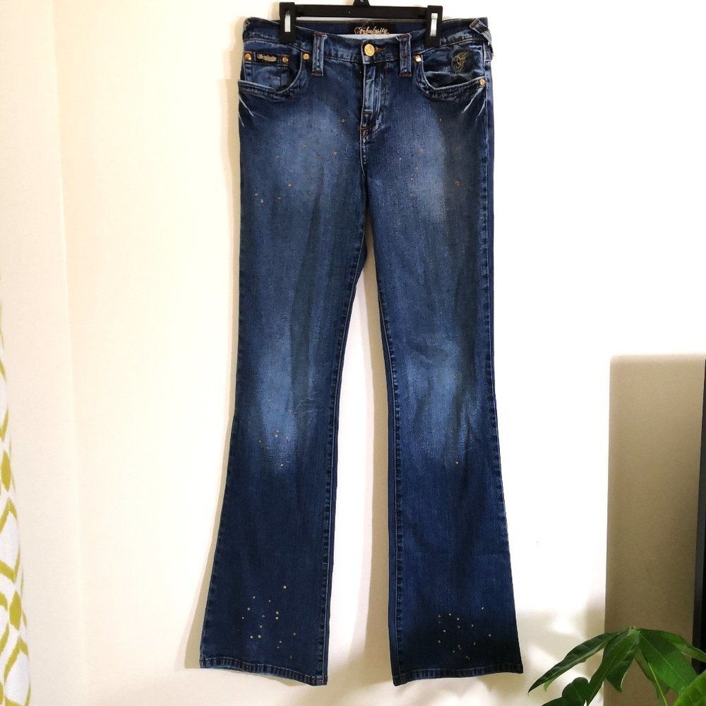 Fabulosity High Rise Stretch Flare Jeans Golden Polka Dot Print‎ Detail Size 9